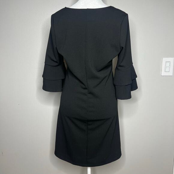 Women's Black Bell Sleeve Mini Dress V-Neck Size M. Stretch A-Line LBD Witchy - Picture 5 of 9
